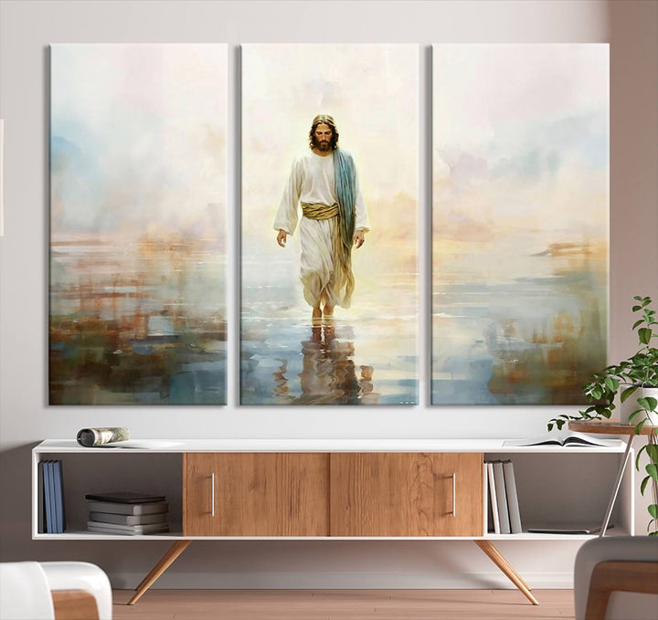 Framed Jesus Walking on Water Wall Art - 3-Panel Christian Canvas Prints, Religious Artwork, Ready to Hang Home Decor for Living Room, Office, or Church