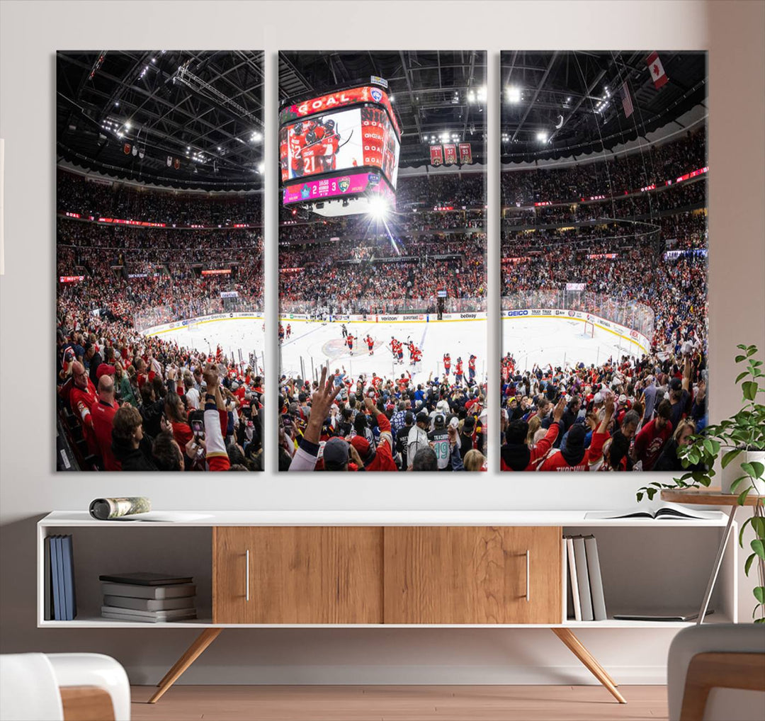 The wall art, a high-quality basketball arena canvas, evokes the excitement of fans cheering at the Amerant Bank Arena.