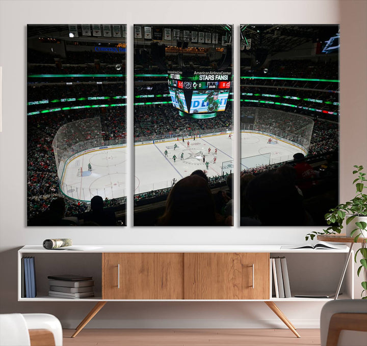 The Dallas Stars Wall Art Canvas Print is as clear as the scoreboard stats at a hockey game in a large arena with bright lights.