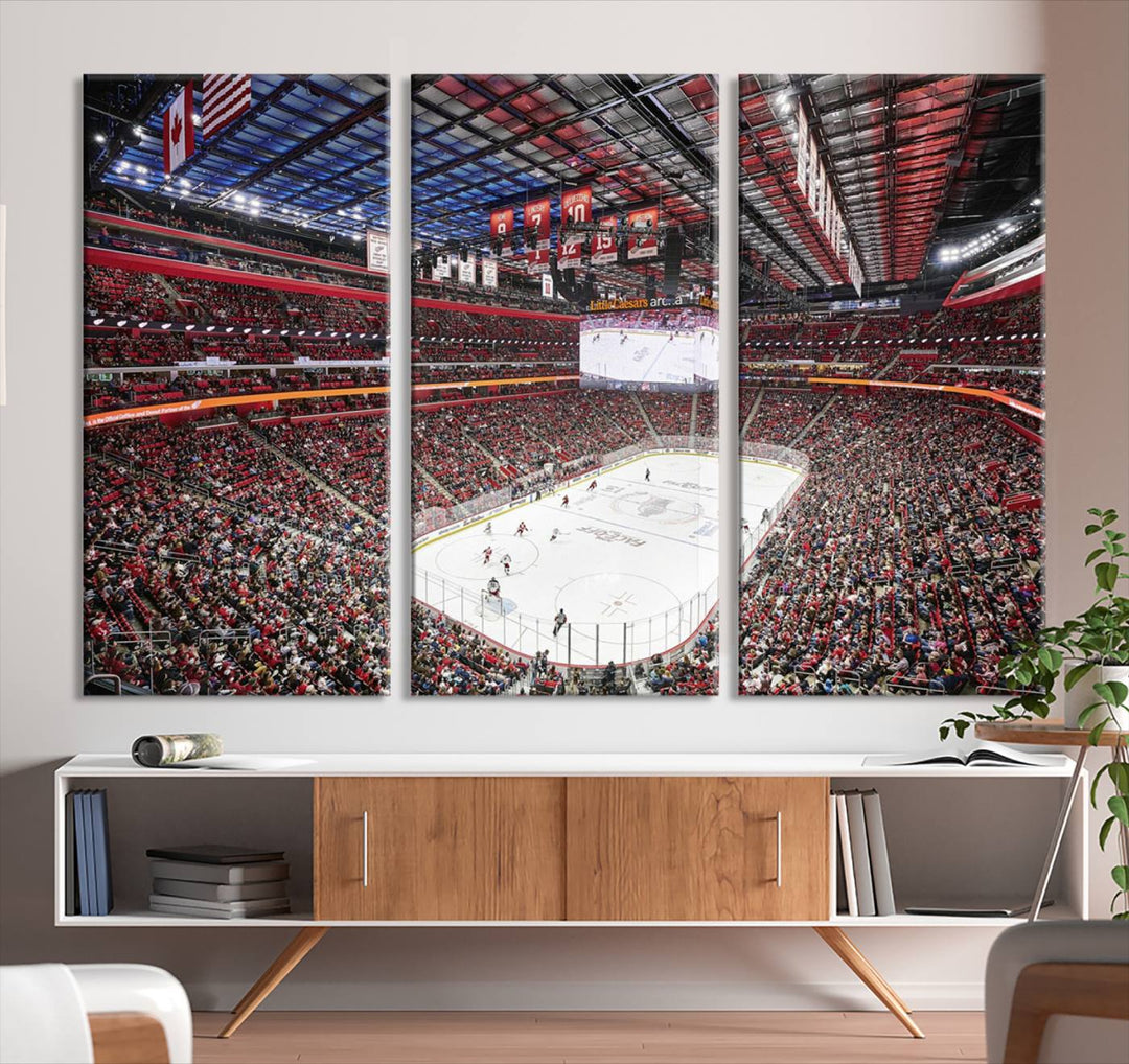 A Barton Malow canvas depicting Little Caesars Arena from above is beautifully printed in high resolution for your wall.