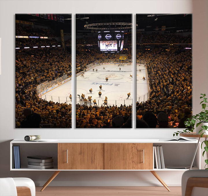 A captivating triptych canvas print, titled "Bridgestone Arena - Nashville Predators Hockey Team Print," adorns the wall. This Nashville wall art canvas print is perfect for Predators fans who appreciate sports-themed decor.