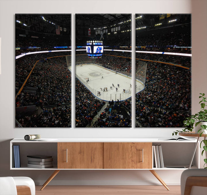 The nautical-themed room is enhanced by the KeyBank Center New York Buffalo Sabres Hockey Stadium Wall Art Canvas Print, a three-panel depiction of a bustling hockey arena with a gallery-quality finish. This canvas artwork, handmade in the USA, introduces an element of sporting elegance to your decor.