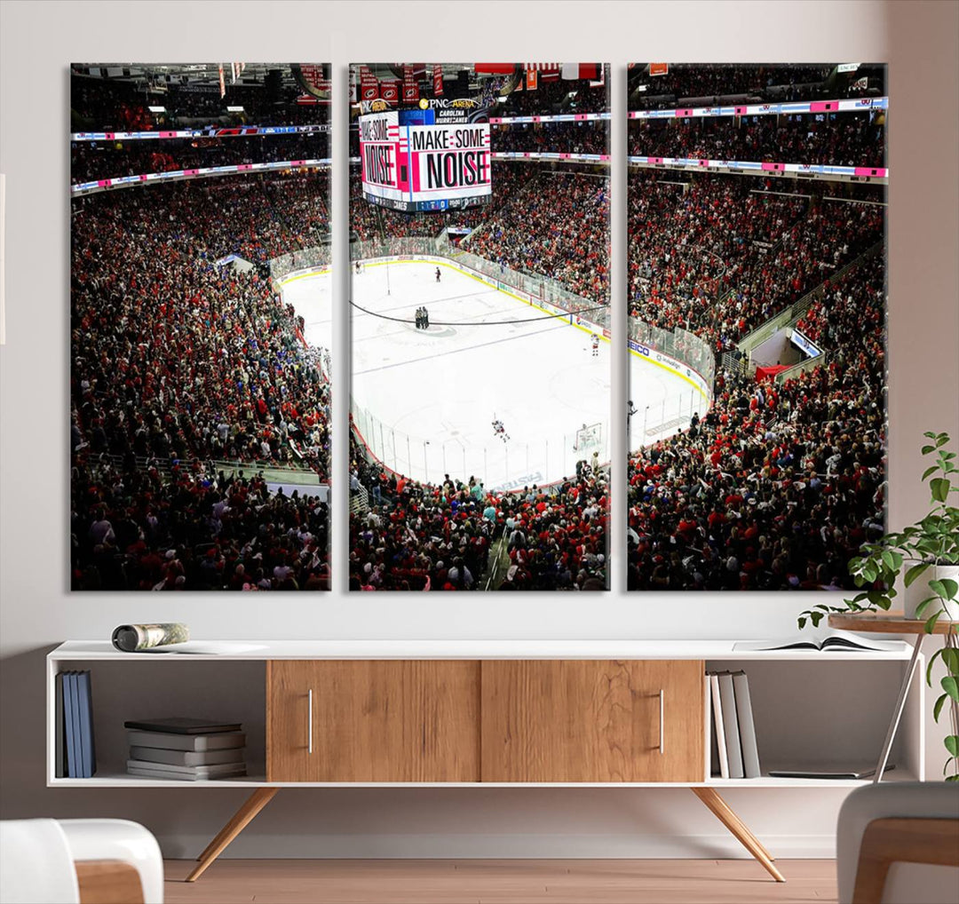 The living room features the PNC Arena Raleigh North Carolina Hurricanes Hockey Stadium Wall Art Canvas Print, which depicts a crowded ice hockey stadium with enthusiastic fans and an ongoing game, all rendered in high-resolution on museum-quality canvas.