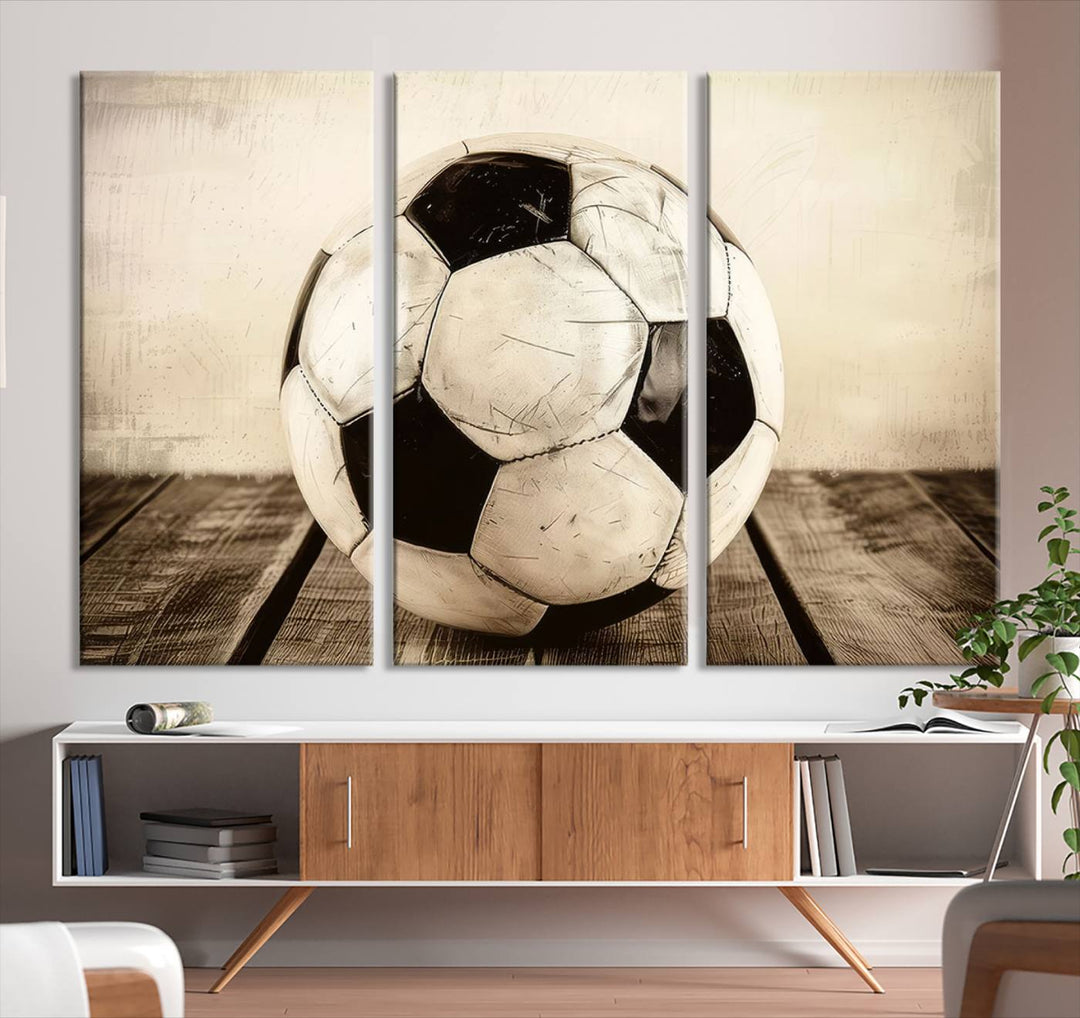 Vintage Soccer Ball Triptych Canvas Art – 3-Panel Soccer Wall Decor, Framed and Ready to Hang Sports Art for Home, Office, or Gym