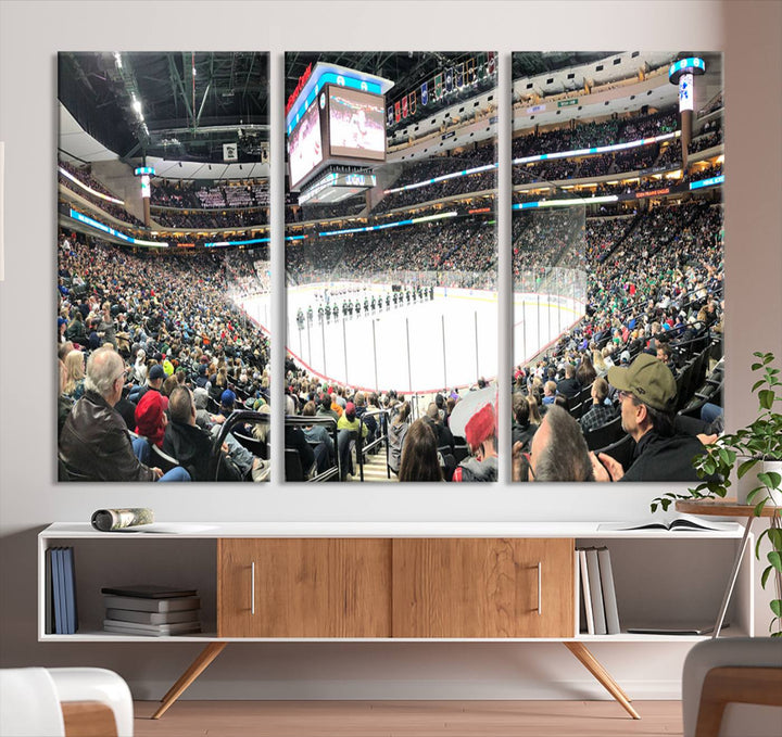 The Xcel Energy Center St Paul Minnesota Wild Ice Hockey Stadium Wall Art Canvas Print captures a packed hockey arena with spectators watching players on the ice. It is elegantly preserved on museum-quality canvas with vibrant details protected by a UV-protective coating.