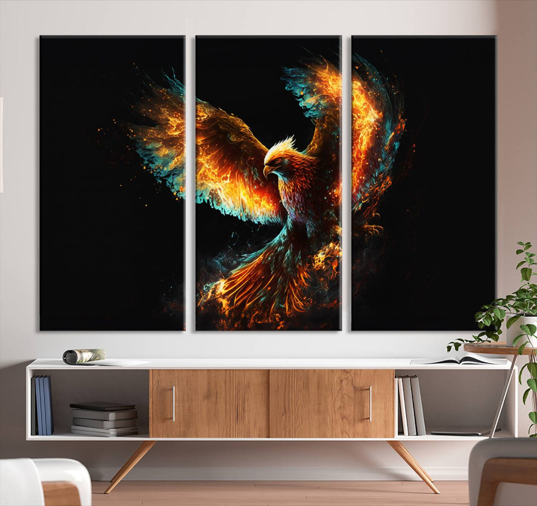 Fiery Phoenix Canvas Print | Ready to Hang Wall Art | Bold Fantasy Decor for Living Room | Majestic Bird Artwork