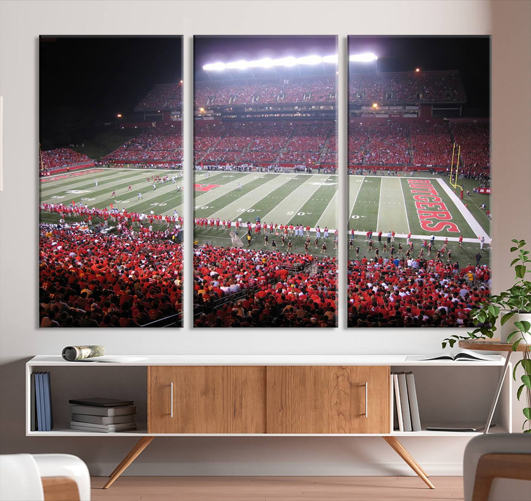 A bustling night game at SHI Stadium is captured as Rutgers Scarlet Knights wall art on a gallery-quality canvas print.