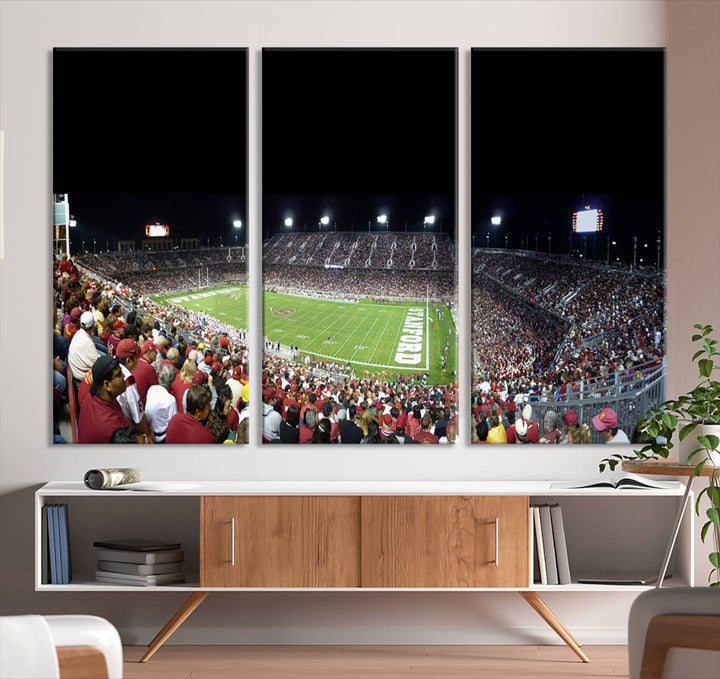 This Stanford University Cardinal Football Team canvas print, depicting fans in red filling Stanford Stadium at night, is perfect.