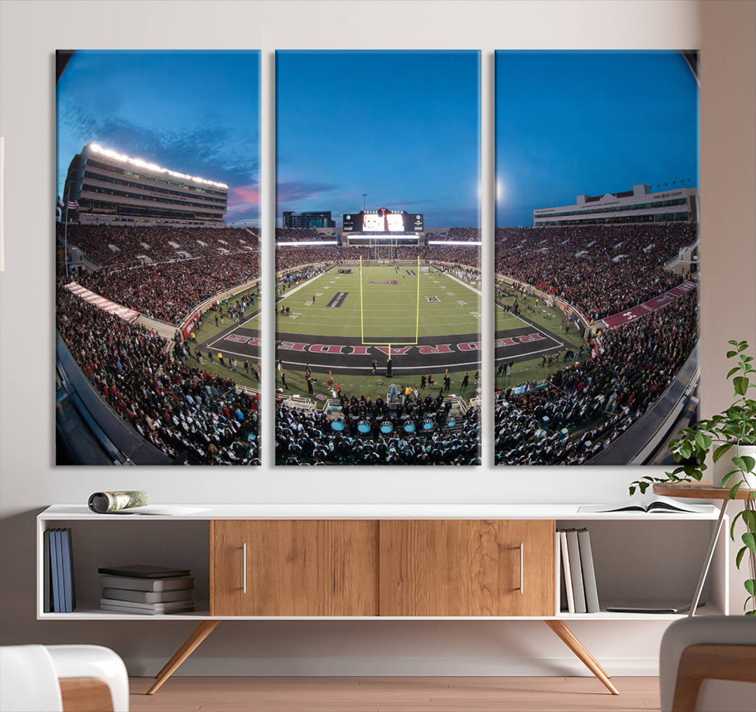 The wall art in the living room features a Texas Tech Red Raiders Football Team Print, showcasing Jones AT&T Stadium at dusk.