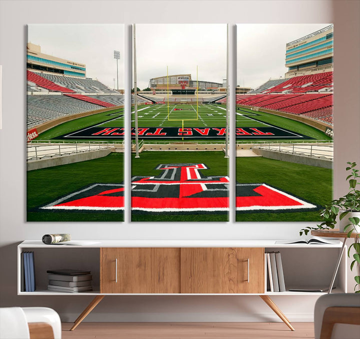 Gallery-quality print of Lubbock Jones AT&T Stadium featuring the Texas Tech Red Raiders field, highlighted by red and gray bleachers.