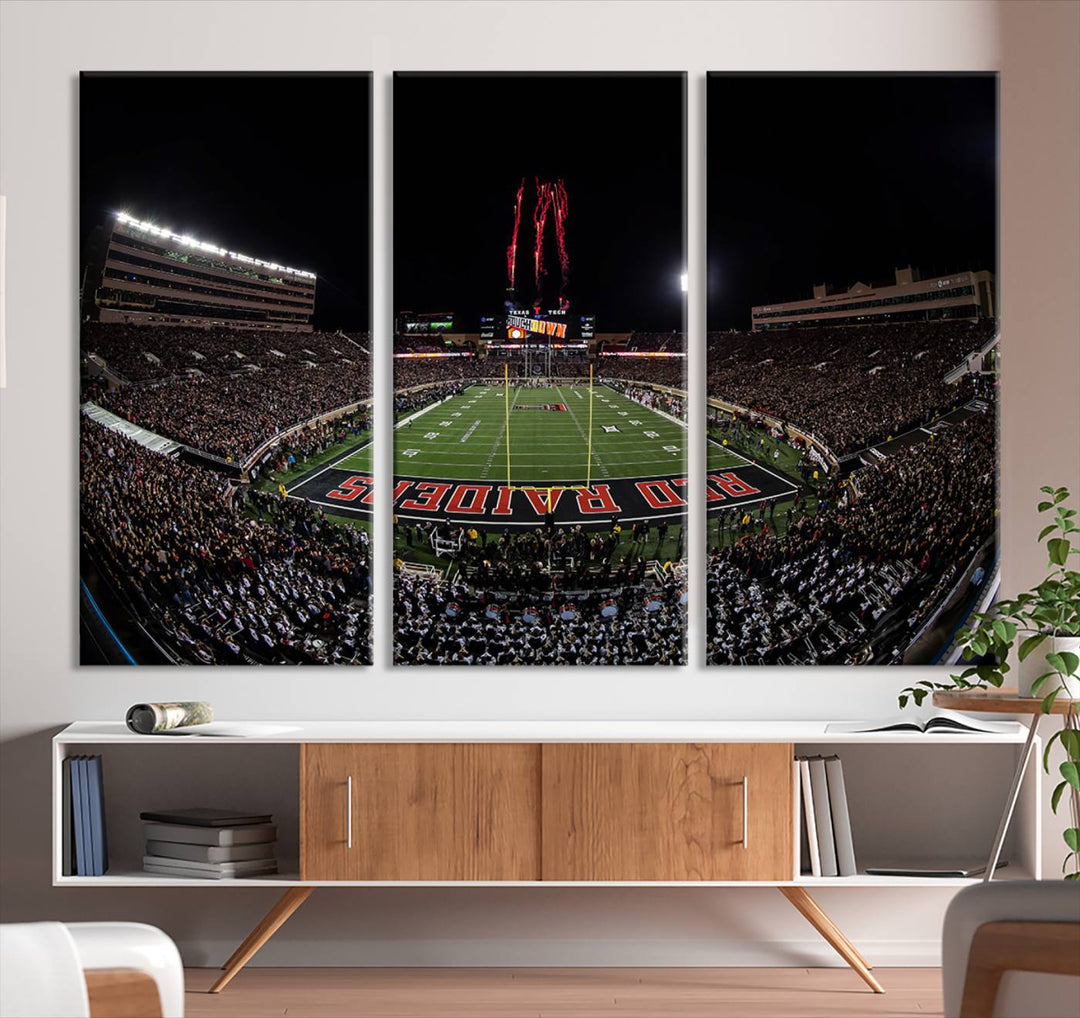 The wall features a Texas Tech Red Raiders Football Team Print on canvas, showcasing fireworks over a packed stadium at night.