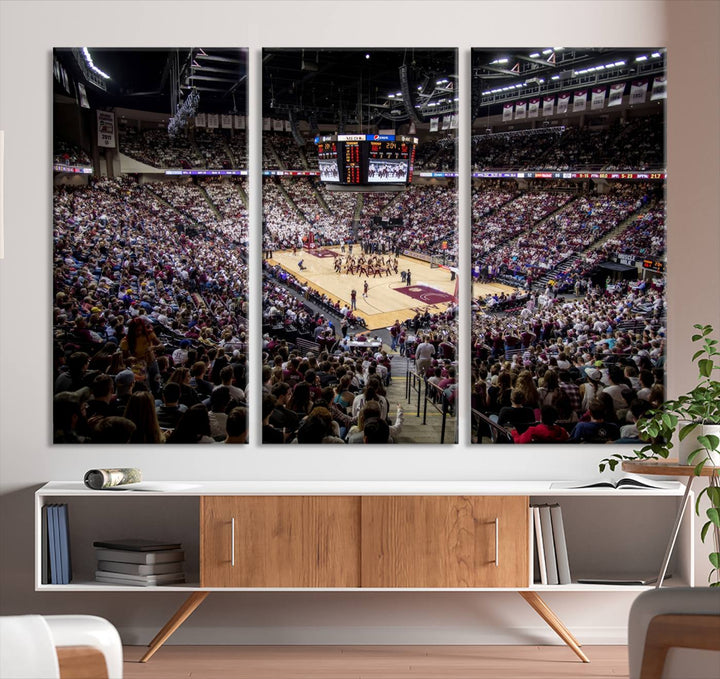 The Nebraska Basketball Arena Wall Art Canvas features an arena filled with Cornhuskers fans and players beneath a scoreboard.