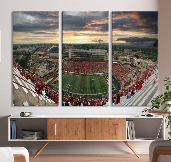 The University of Maryland Terrapins Football Team Print features SECU Stadium at sunset with vibrant skies.