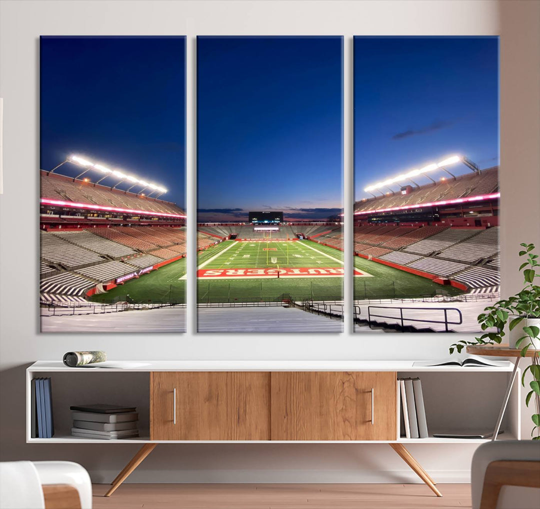 A large SHI Stadium at dusk, ideal for a Rutgers Scarlet Knights Football Team canvas print.