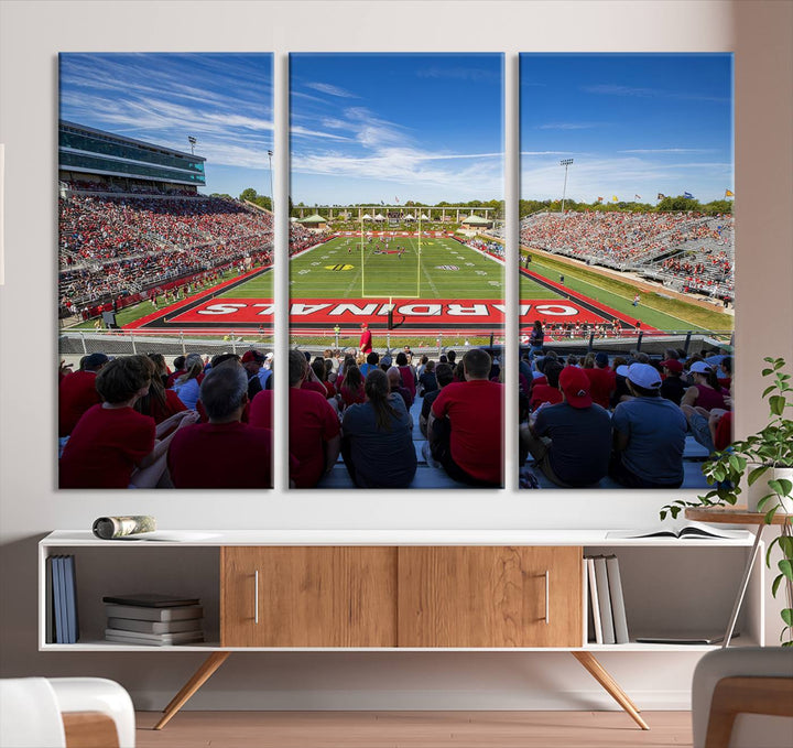 The Ball State Cardinals wall art on canvas depicts fans in red at Scheumann Stadium.