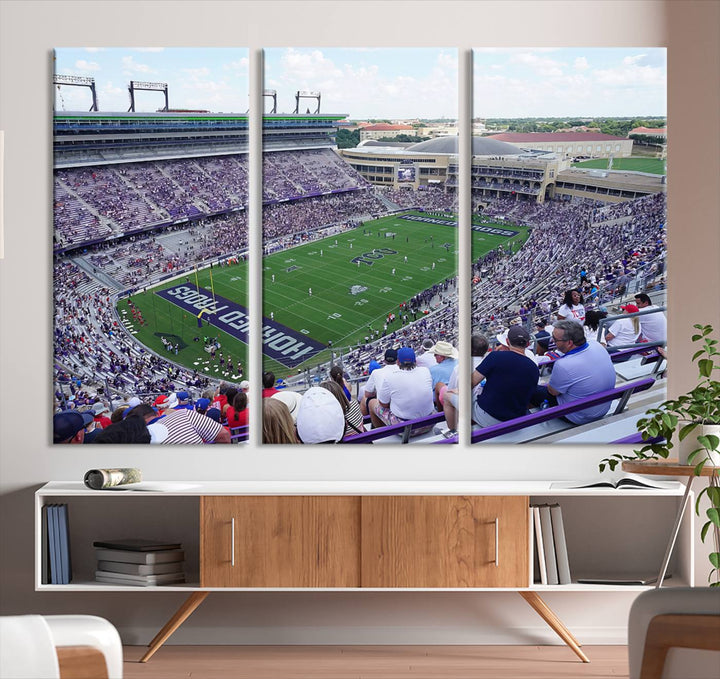 Amon G. Carter Stadium wall art canvas showcasing the TCU Horned Frogs and packed stands at Fort Worth.