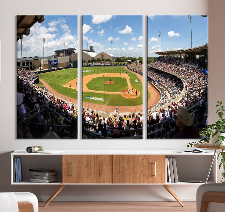 A baseball stadium under a blue sky, capturing the energy of The Texas A&M Aggies Athletics Kyle Field Wall Art.