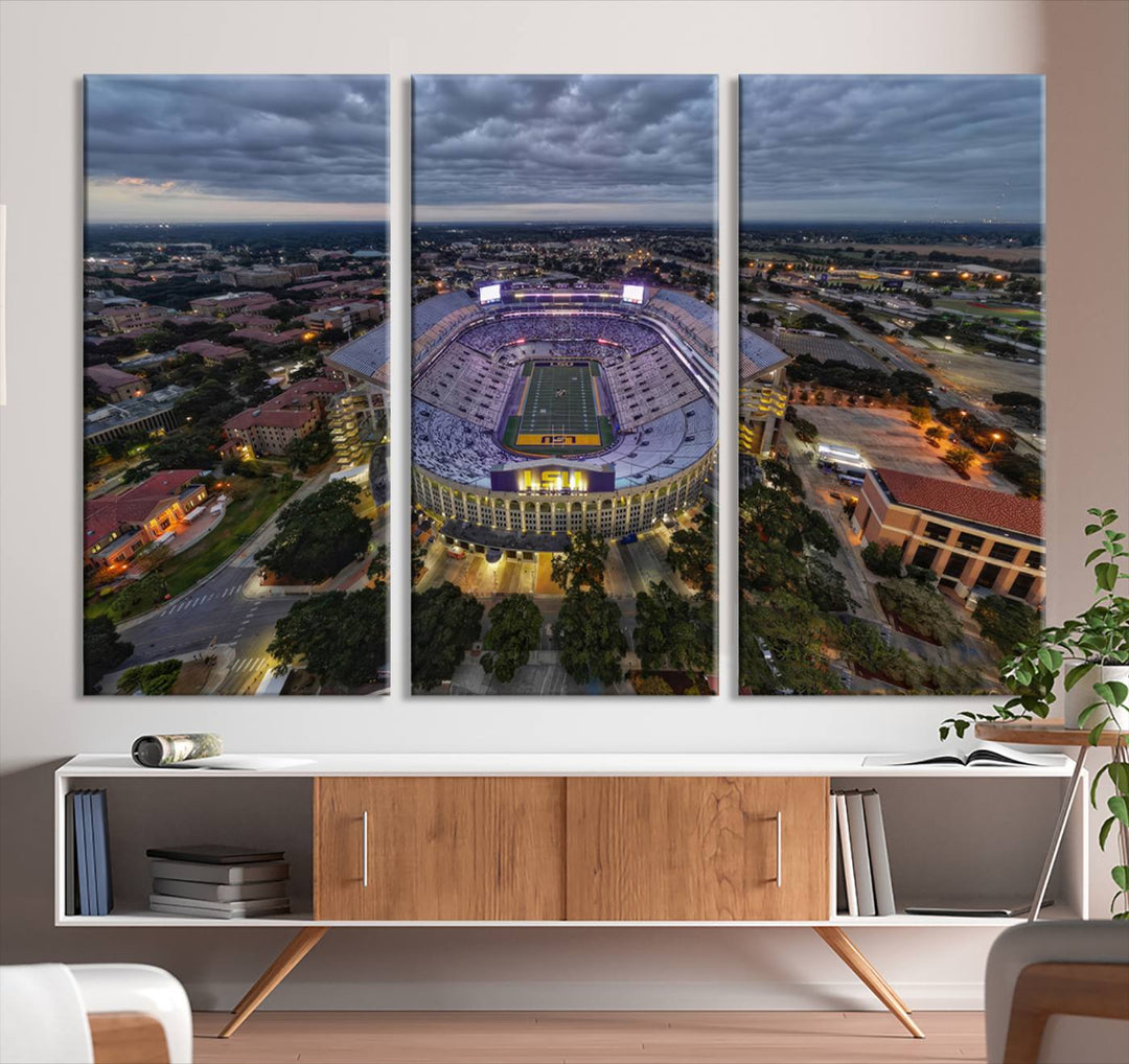 The LSU Tigers Football Team Baton Rouge Tiger Stadium Canvas is displayed prominently, capturing attention with its vivid depiction of the iconic stadium.