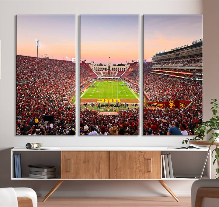 A USC Trojans wall art canvas print highlights the scene, depicting the Coliseum Stadium at sunset.