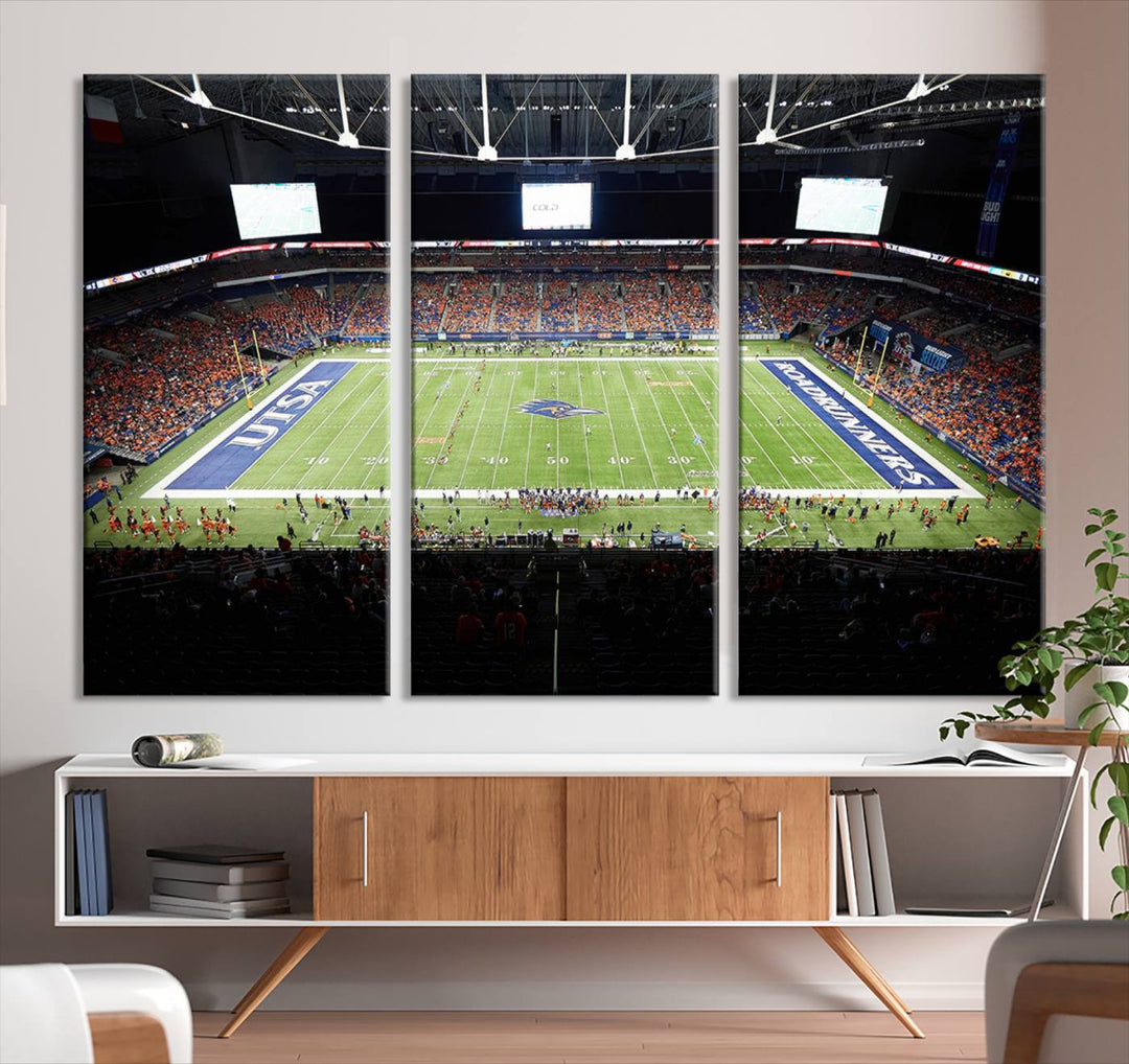 The UTSA Roadrunners game at Alamodome canvas print captures the scene from above, displaying fans and the UTSA lettering on the field.