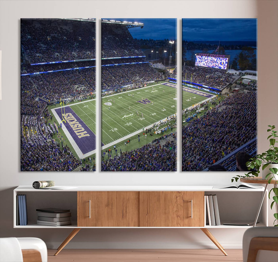 The University of Washington Huskies Football Team Print: Seattle Husky Stadium Wall Art Canvas captures a dusk stadium view.