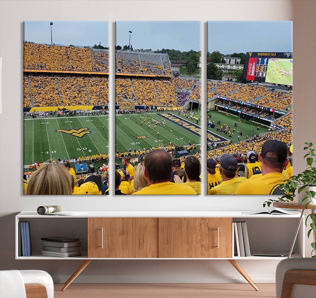 A Puskar Stadium canvas print decorates the modern living room shelf.