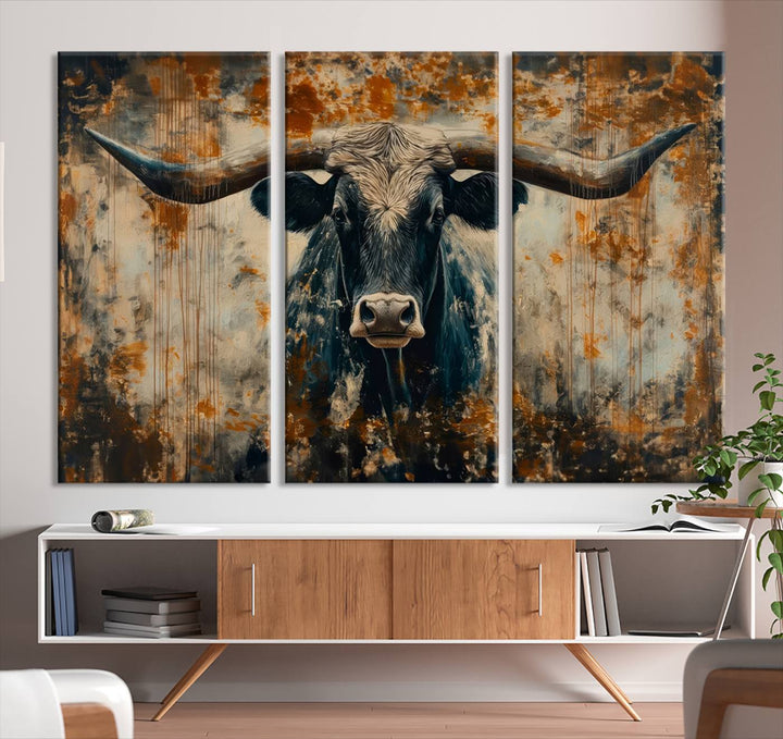 Abstract Longhorn Bull Wall Art | Rustic Western Wall Decor | Framed and Ready to Hang | Ideal for Farmhouse, Lodge, and Barn Decor