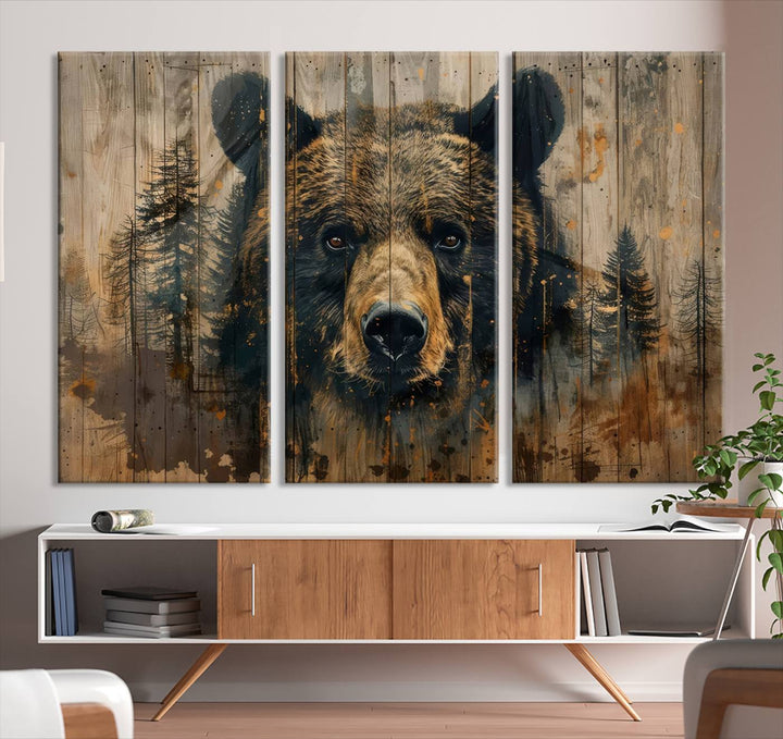 The Abstract 399 Bear Wall Art, featuring a rustic cabin theme with forest design, is framed and ready to hang. It's ideal for lodge, cabin, and barn decor and perfectly complements the nature lover's aesthetic.