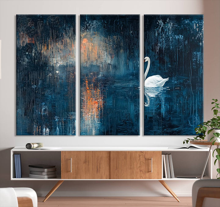 Abstract Swan Wall Art | Moody Blue and Orange Swan Painting on Canvas | Framed and Ready to Hang | Elegant and Modern Art for Living Room or Bedroom Decor