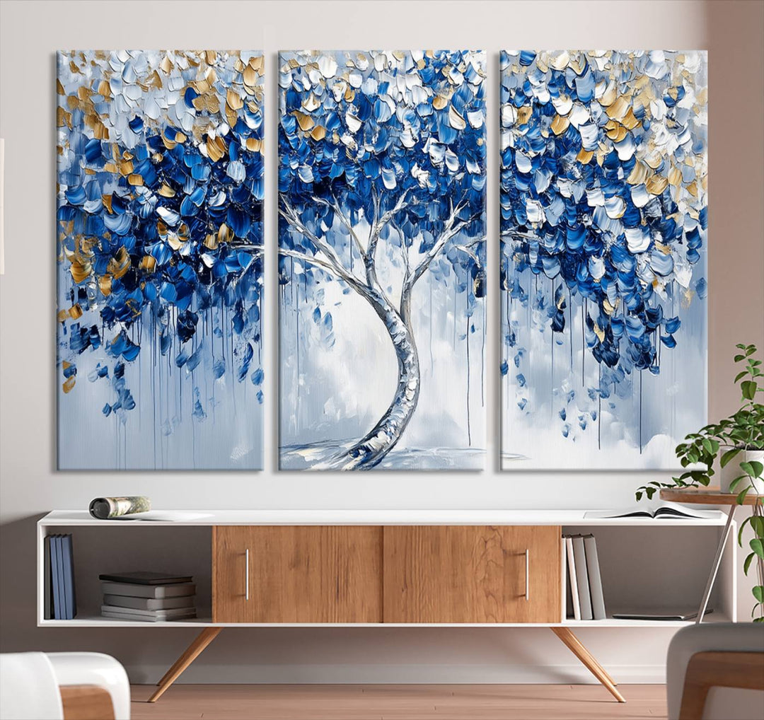 Elegant Blue and Gold Abstract Tree Wall Art | Textured Modern Tree of Life Painting | Framed Canvas Print | Ready to Hang for Dining Room Decor