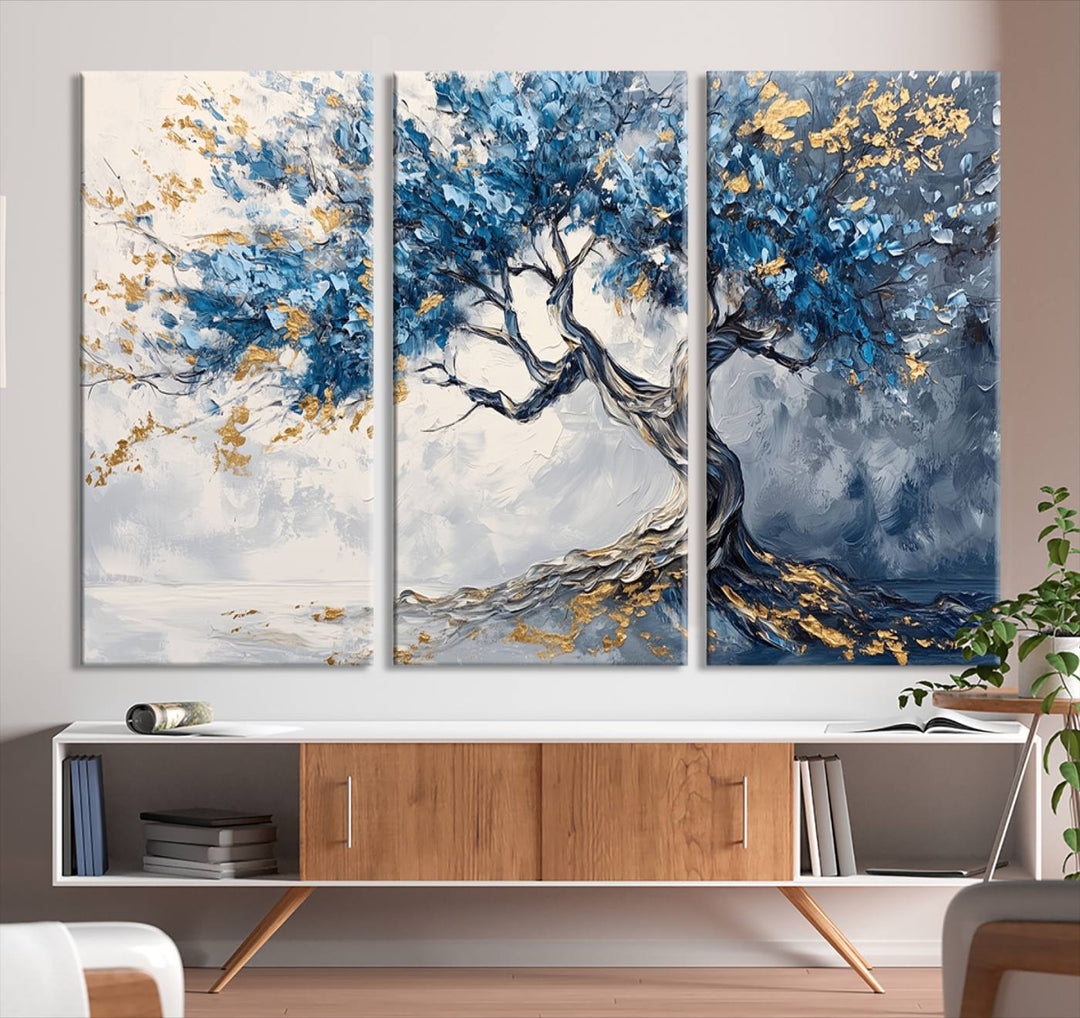 Elegant Abstract Tree Canvas Wall Art | Tree of Life Painting | Textured Art in Blue and Gold | Framed & Ready to Hang for Modern Living Room Decor