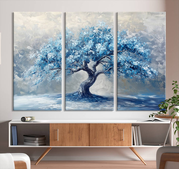 Serene Abstract Blue Tree Wall Art | Canvas Print of a Majestic Tree in Blue Hues | Perfect for Farmhouse, Coastal, and Modern Decor