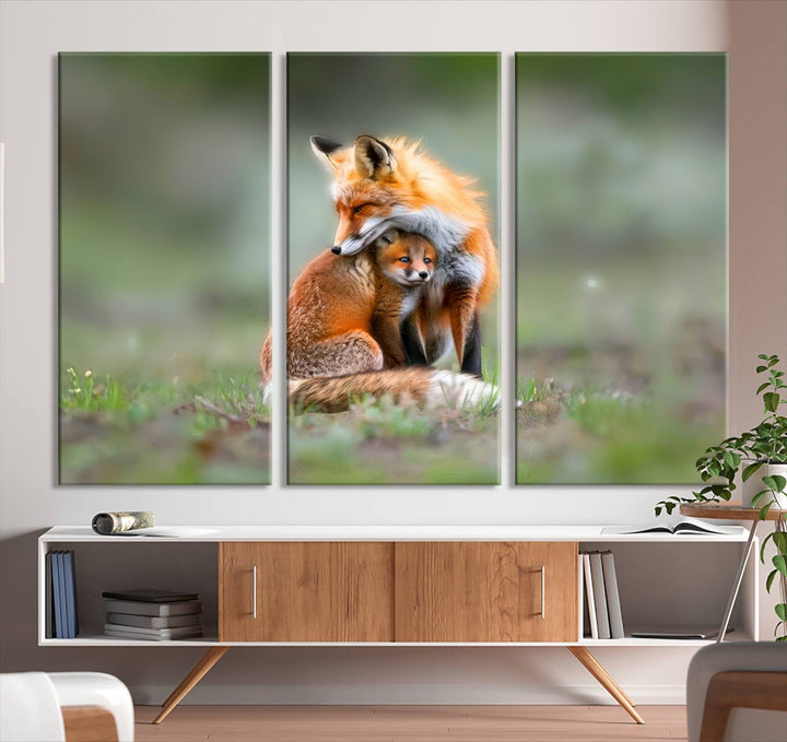 Heartwarming Fox and Baby Cub Wall Art | Ready to Hang Canvas Print of Foxes in Nature | Perfect for Animal Lovers, Rustic Decor, and Cabin Wall Art