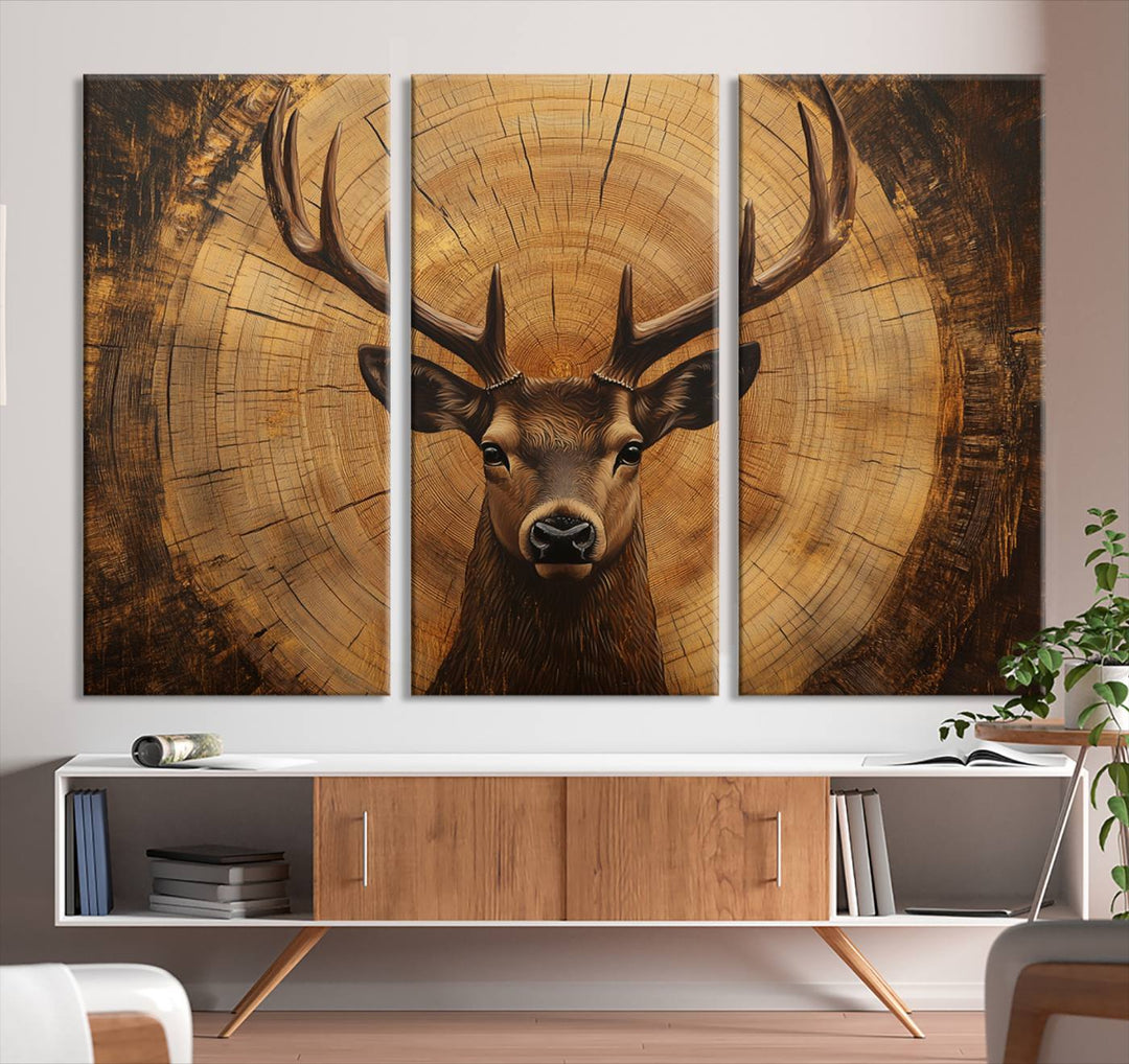 Deer Wall Art Canvas Print | Ready to Hang Canvas Print of a Stag with Rustic Tree Rings | Perfect for Farmhouse Wall Decor, Cabin Wall Art