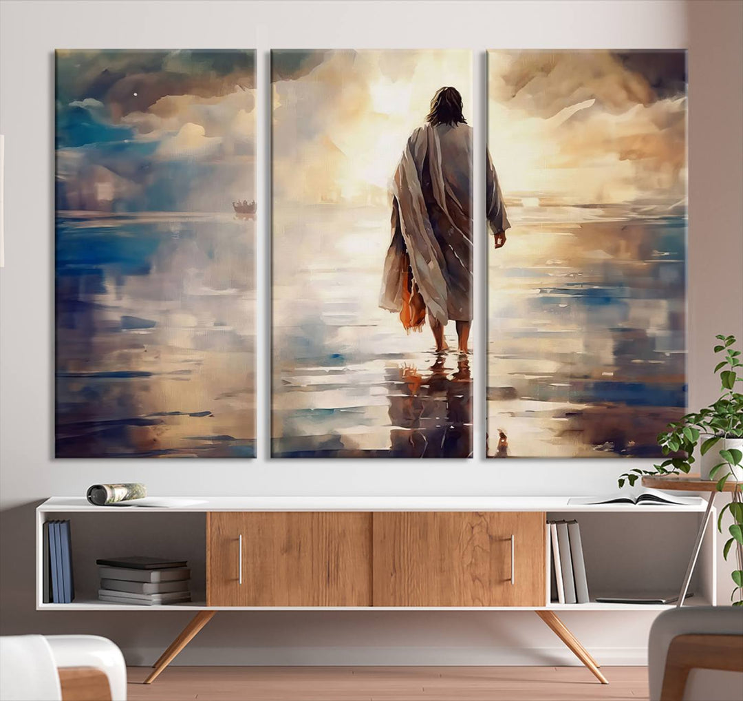 Jesus Walking on Water Wall Art | Ready to Hang Spiritual Triptych Canvas Print | Inspirational Christian Decor for Home or Church