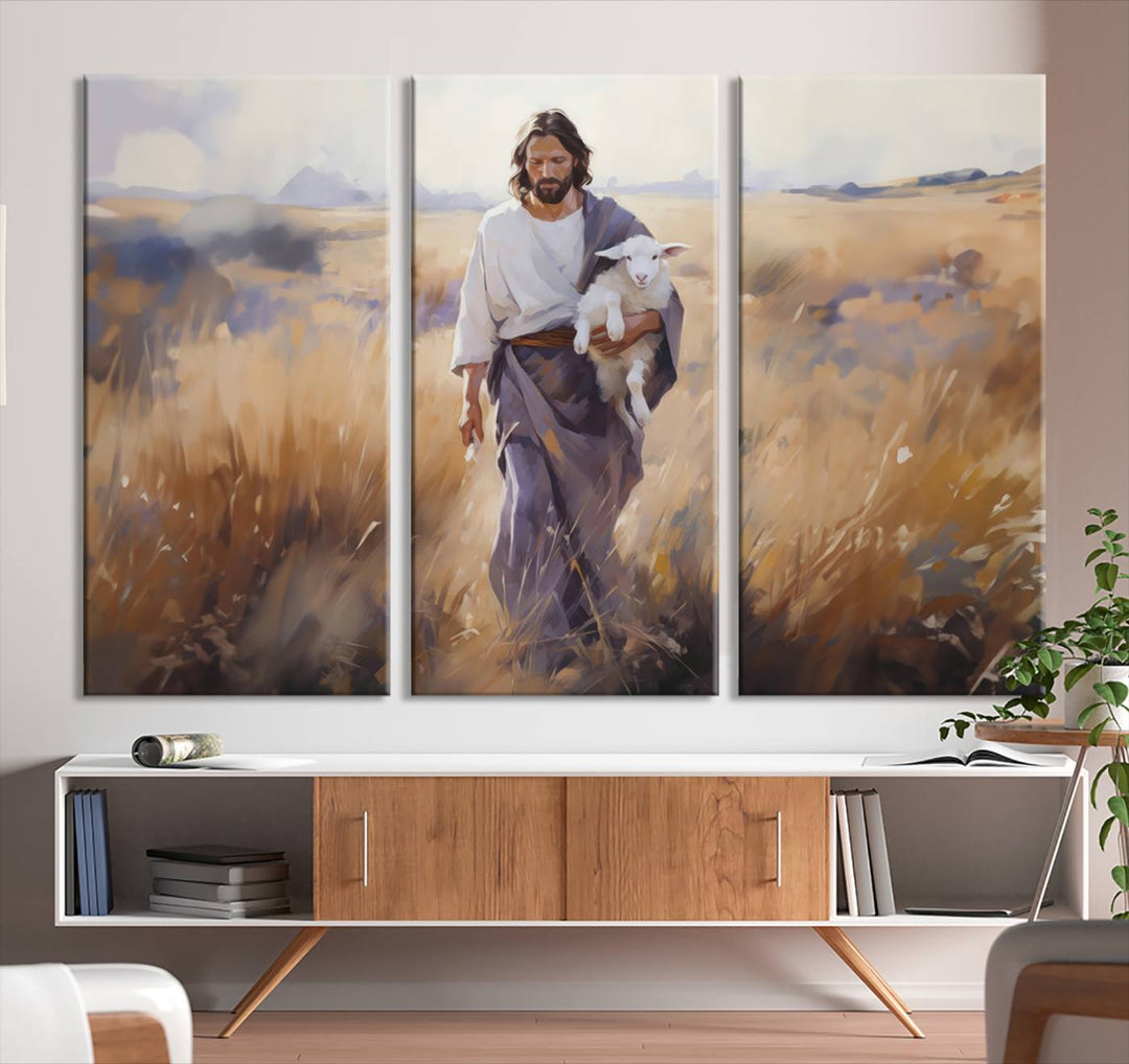 Jesus the Good Shepherd Wall Art Canvas Print - Lost Lamb  Print for Prayer Room Decor