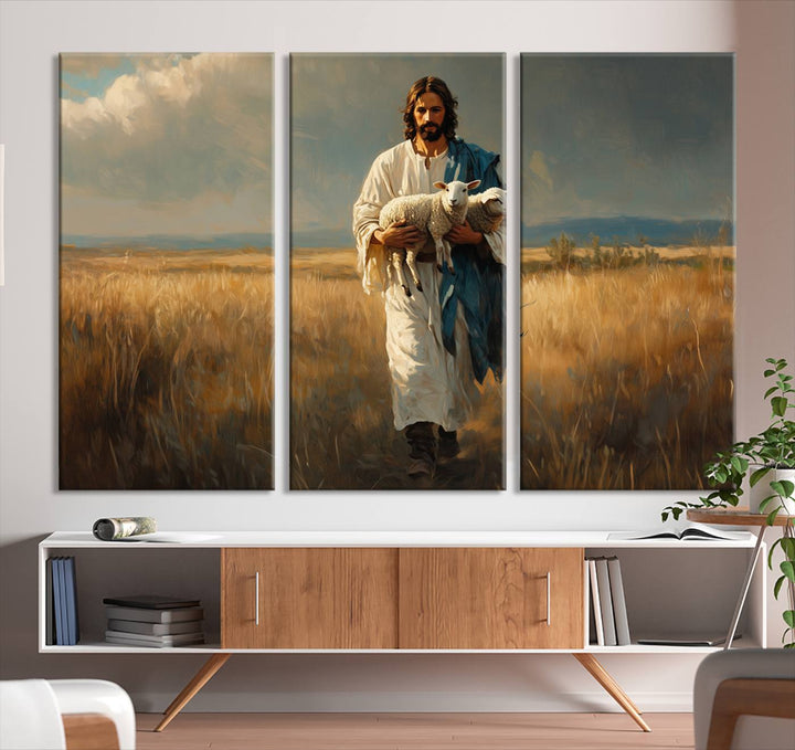 Jesus Shepherd Wall Art | Ready to Hang Triptych Canvas of Jesus Holding a Lamb in a Field | Inspirational Christian Decor for Home