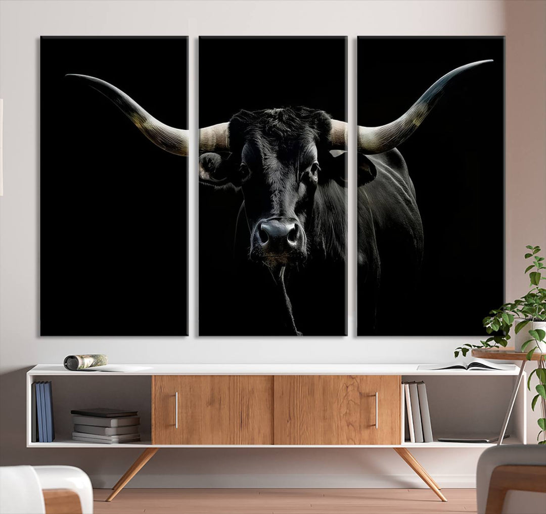 Texas Black Longhorn Bull Wall Art Canvas Print - Western Texas Cattle Rustic Decor Print - Longhorn Cow Wall Art