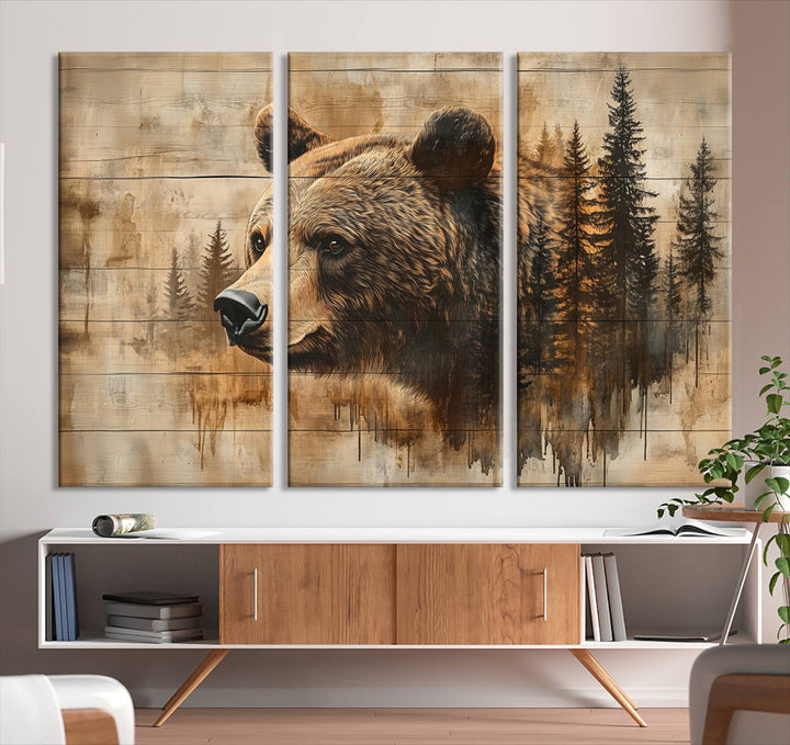 Abstract Rustic Grizzly Bear Wall Art Canvas Print - Woodland Wildlife Forest Print for Farmhouse Decor