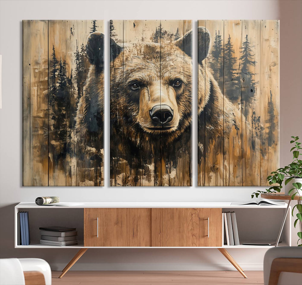 Majestic Grizzly 399 Bear 3-panel rustic canvas print with woodland theme.