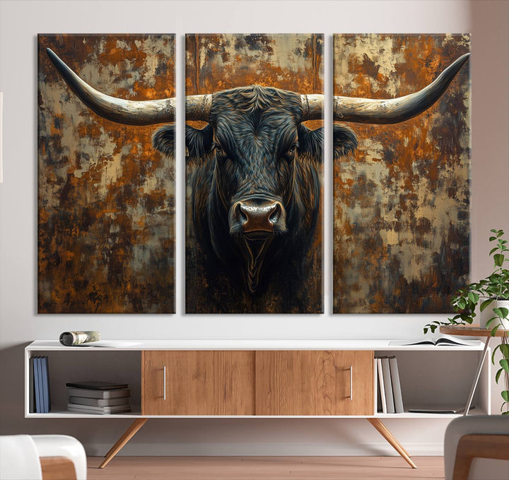 Abstract Longhorn Texas Bull Wall Art | Rustic Farmhouse Canvas Print | Ready to Hang Barn Decor for Farmhouse and Cabin Style