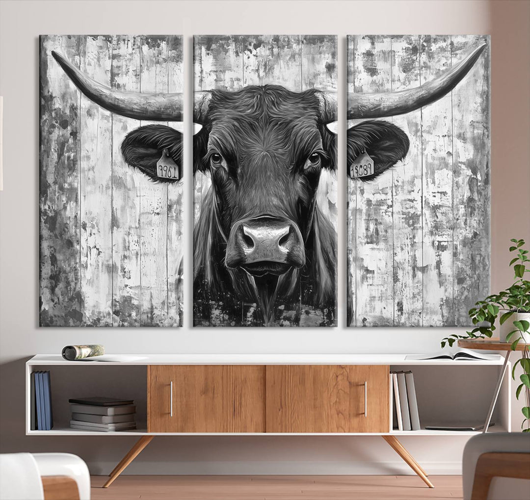 Abstract Longhorn Bull Wall Art Canvas Print - Rustic Texas Western Cow Artwork