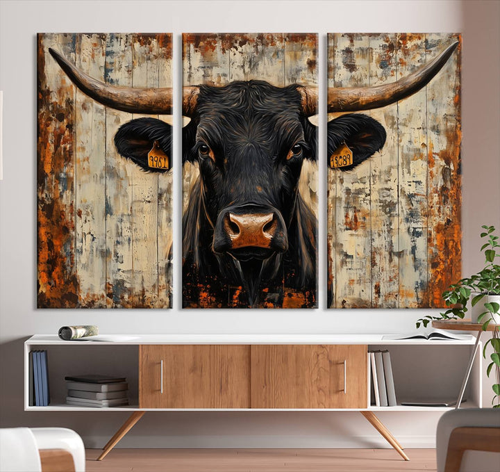 Abstract Cow Longhorn Bull Wall Art Canvas Print - Rustic Texas Western Cattle Artwork