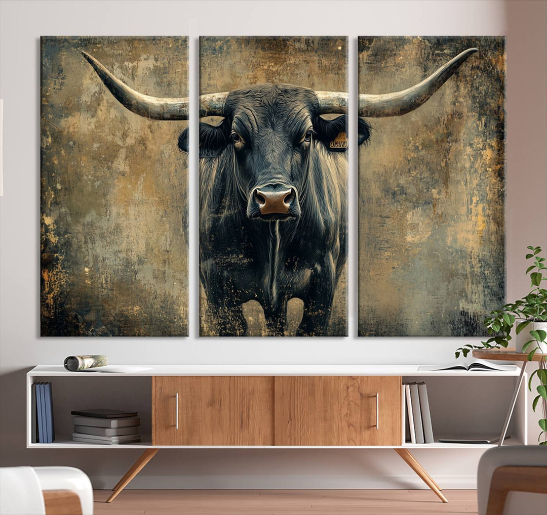 Abstract Cow Longhorn Bull Wall Art Canvas Print - Rustic Texas Western Cattle Artwork