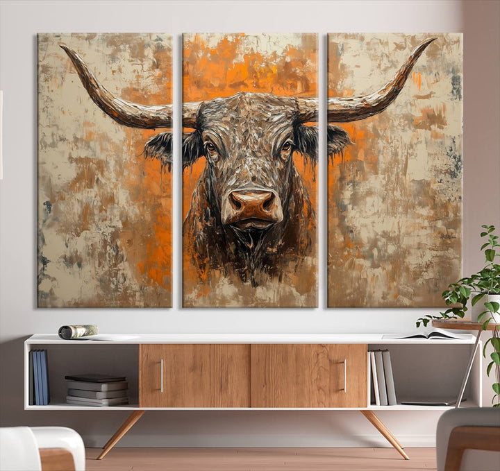 Abstract Cow Longhorn Bull Wall Art Canvas Print - Rustic Texas Western Cattle Artwork