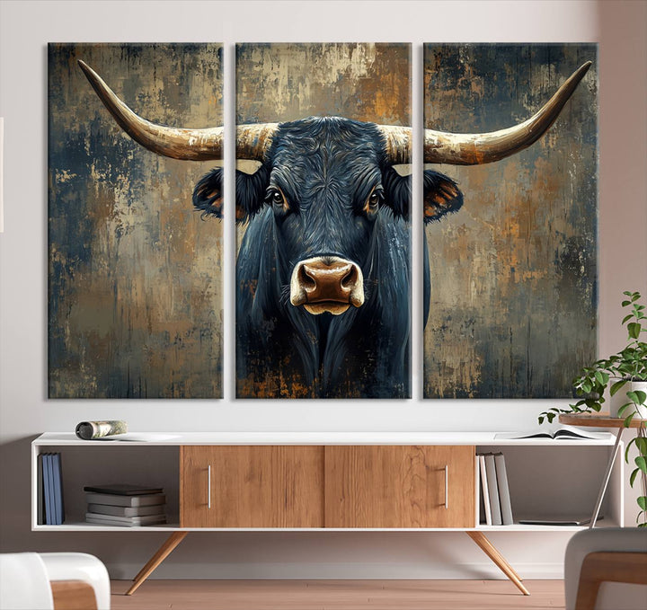 Abstract Cow Longhorn Bull Wall Art Canvas Print - Rustic Texas Western Cattle Artwork