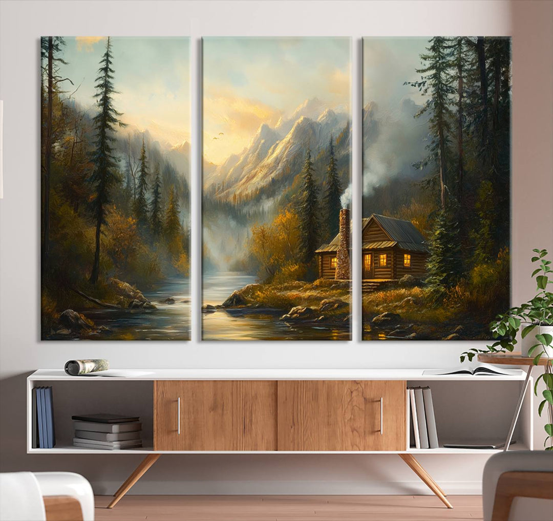 Wood Cabin Retreat Mountain at Sunset Wall Art Print - Serene Forest and River Landscape Wall Art Canvas Print