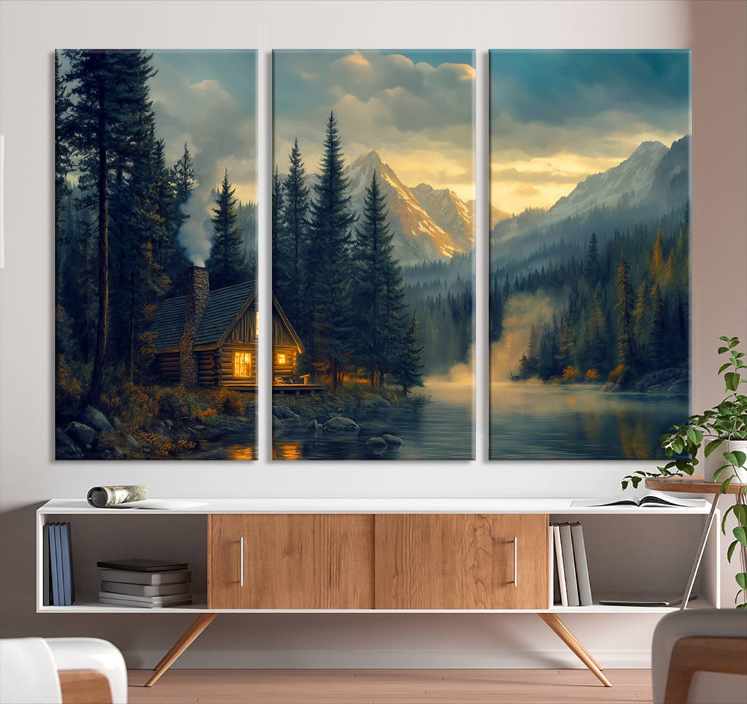 Mountain Cabin by the Lake at Sunset Wall Art - Serene Nature Canvas Print for Living Room Decor, Rustic Lodge Ambiance, 3-Panel Large Wall Art