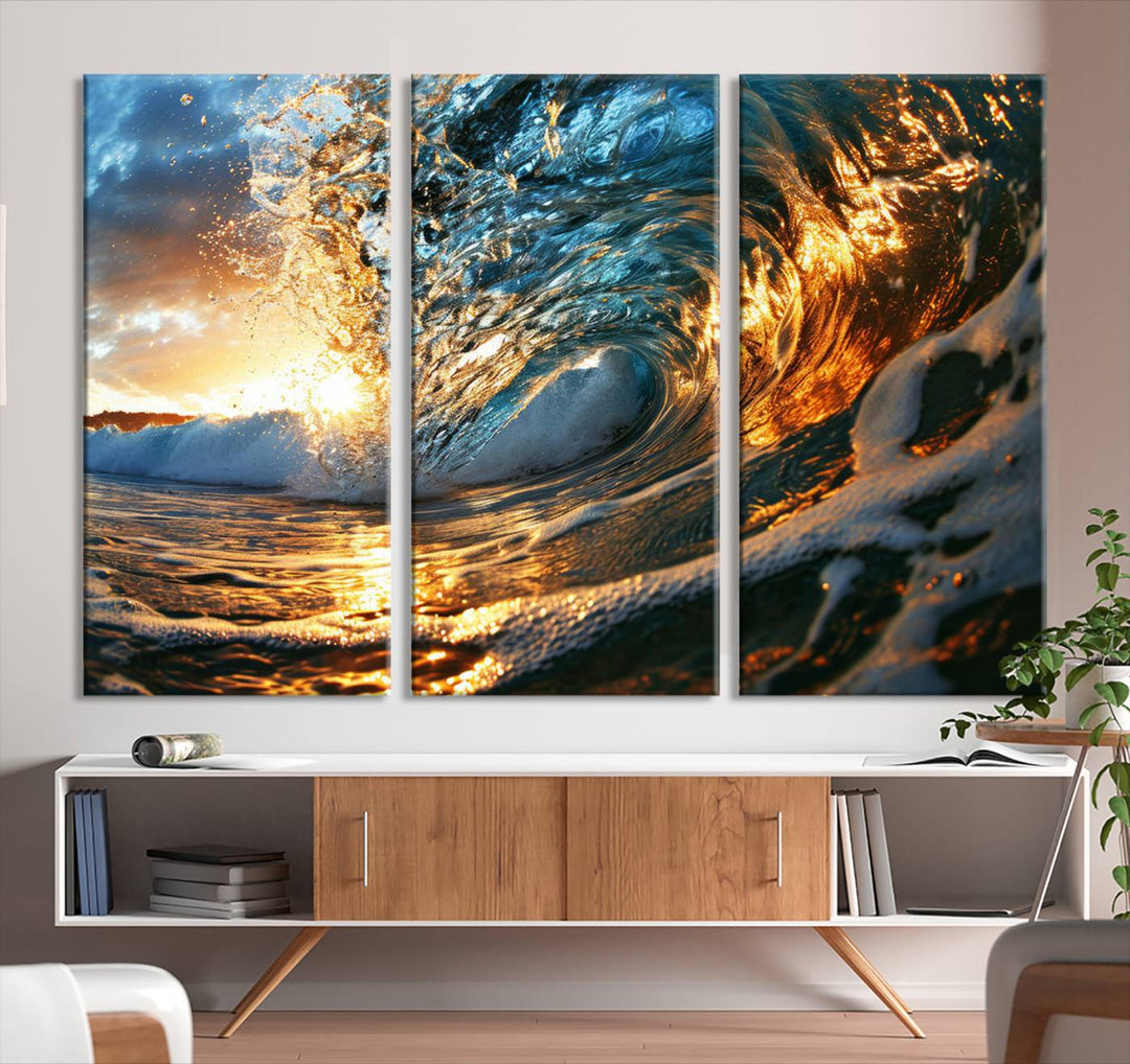 Ocean Wave at Sunset Wall Art | Ready to Hang Triptych Canvas Print | Coastal Wall Art for Living Room | Nautical and Beach House Decor