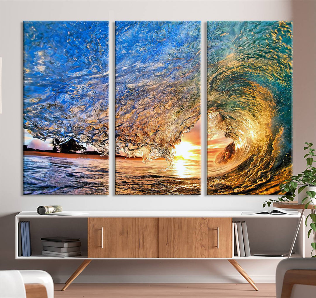 Ocean Wave at Sunset Canvas Print | Large Coastal Ocean Wall Art Print | Vibrant Beach Waves Art Print | Surf Lover Gift | Nautical Decor